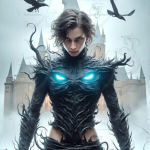 Explore AI-generated House Ravenclaw art — handsome shirtless wizards from the raven house of Hogwarts summoning massive protective ravens. Fantasy wizard school digital art.