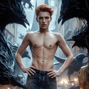 Explore AI-generated House Ravenclaw art — handsome shirtless wizards from the raven house of Hogwarts summoning massive protective ravens. Fantasy wizard school digital art.