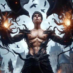 Explore AI-generated House Ravenclaw art — handsome shirtless wizards from the raven house of Hogwarts summoning massive protective ravens. Fantasy wizard school digital art.