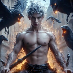 Explore AI-generated House Ravenclaw art — handsome shirtless wizards from the raven house of Hogwarts summoning massive protective ravens. Fantasy wizard school digital art.