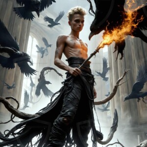 Explore AI-generated House Ravenclaw art — handsome shirtless wizards from the raven house of Hogwarts summoning massive protective ravens. Fantasy wizard school digital art.