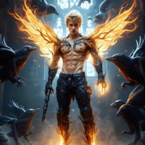 Explore AI-generated House Ravenclaw art — handsome shirtless wizards from the raven house of Hogwarts summoning massive protective ravens. Fantasy wizard school digital art.