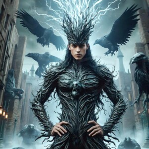 Explore AI-generated House Ravenclaw art — handsome shirtless wizards from the raven house of Hogwarts summoning massive protective ravens. Fantasy wizard school digital art.