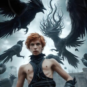 Explore AI-generated House Ravenclaw art — handsome shirtless wizards from the raven house of Hogwarts summoning massive protective ravens. Fantasy wizard school digital art.