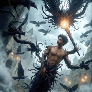 Explore AI-generated House Ravenclaw art — handsome shirtless wizards from the raven house of Hogwarts summoning massive protective ravens. Fantasy wizard school digital art.