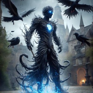 Explore AI-generated House Ravenclaw art — handsome shirtless wizards from the raven house of Hogwarts summoning massive protective ravens. Fantasy wizard school digital art.