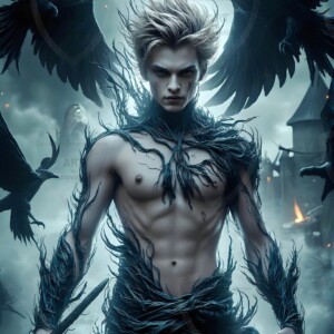 Explore AI-generated House Ravenclaw art — handsome shirtless wizards from the raven house of Hogwarts summoning massive protective ravens. Fantasy wizard school digital art.