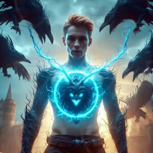 Explore AI-generated House Ravenclaw art — handsome shirtless wizards from the raven house of Hogwarts summoning massive protective ravens. Fantasy wizard school digital art.