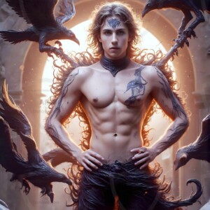 Explore AI-generated House Ravenclaw art — handsome shirtless wizards from the raven house of Hogwarts summoning massive protective ravens. Fantasy wizard school digital art.