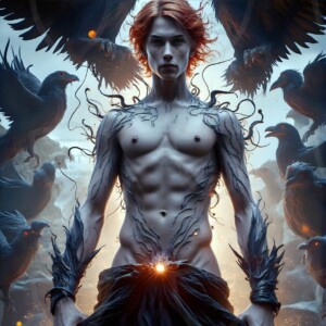 Explore AI-generated House Ravenclaw art — handsome shirtless wizards from the raven house of Hogwarts summoning massive protective ravens. Fantasy wizard school digital art.