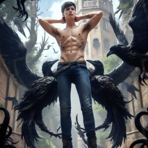Explore AI-generated House Ravenclaw art — handsome shirtless wizards from the raven house of Hogwarts summoning massive protective ravens. Fantasy wizard school digital art.
