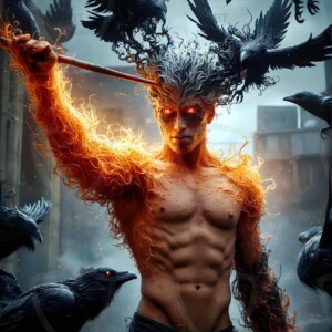 Explore AI-generated House Ravenclaw art — handsome shirtless wizards from the raven house of Hogwarts summoning massive protective ravens. Fantasy wizard school digital art.