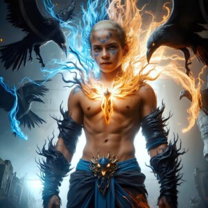 Explore AI-generated House Ravenclaw art — handsome shirtless wizards from the raven house of Hogwarts summoning massive protective ravens. Fantasy wizard school digital art.