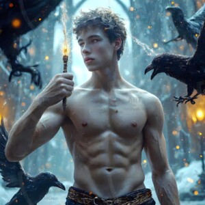 Explore AI-generated House Ravenclaw art — handsome shirtless wizards from the raven house of Hogwarts summoning massive protective ravens. Fantasy wizard school digital art.