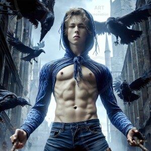 Explore AI-generated House Ravenclaw art — handsome shirtless wizards from the raven house of Hogwarts summoning massive protective ravens. Fantasy wizard school digital art.