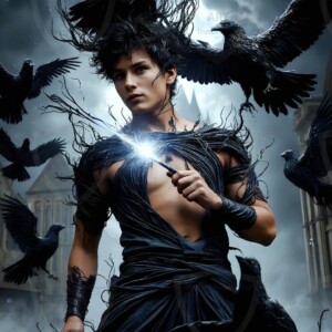 Explore AI-generated House Ravenclaw art — handsome shirtless wizards from the raven house of Hogwarts summoning massive protective ravens. Fantasy wizard school digital art.