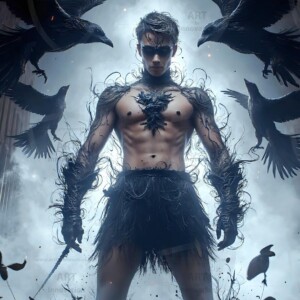 Explore AI-generated House Ravenclaw art — handsome shirtless wizards from the raven house of Hogwarts summoning massive protective ravens. Fantasy wizard school digital art.