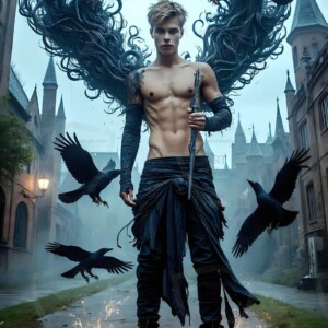 Explore AI-generated House Ravenclaw art — handsome shirtless wizards from the raven house of Hogwarts summoning massive protective ravens. Fantasy wizard school digital art.