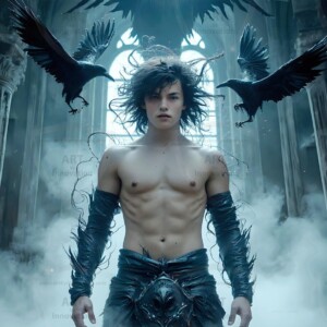 Explore AI-generated House Ravenclaw art — handsome shirtless wizards from the raven house of Hogwarts summoning massive protective ravens. Fantasy wizard school digital art.