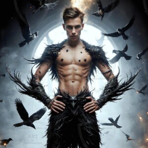 Explore AI-generated House Ravenclaw art — handsome shirtless wizards from the raven house of Hogwarts summoning massive protective ravens. Fantasy wizard school digital art.