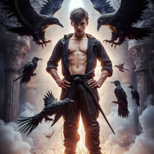Explore AI-generated House Ravenclaw art — handsome shirtless wizards from the raven house of Hogwarts summoning massive protective ravens. Fantasy wizard school digital art.
