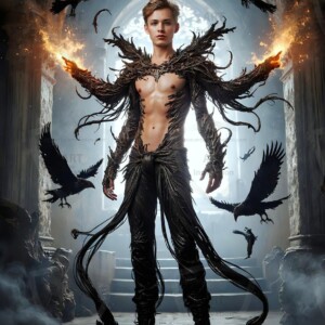 Explore AI-generated House Ravenclaw art — handsome shirtless wizards from the raven house of Hogwarts summoning massive protective ravens. Fantasy wizard school digital art.