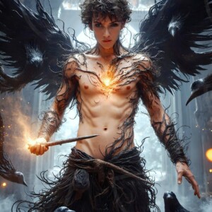 Explore AI-generated House Ravenclaw art — handsome shirtless wizards from the raven house of Hogwarts summoning massive protective ravens. Fantasy wizard school digital art.