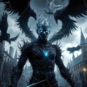Explore AI-generated House Ravenclaw art — handsome shirtless wizards from the raven house of Hogwarts summoning massive protective ravens. Fantasy wizard school digital art.