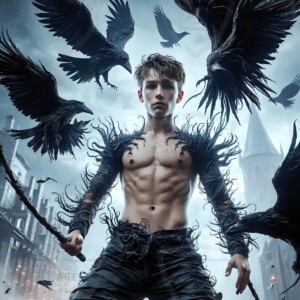 Explore AI-generated House Ravenclaw art — handsome shirtless wizards from the raven house of Hogwarts summoning massive protective ravens. Fantasy wizard school digital art.