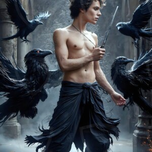 Explore AI-generated House Ravenclaw art — handsome shirtless wizards from the raven house of Hogwarts summoning massive protective ravens. Fantasy wizard school digital art.