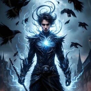 Explore AI-generated House Ravenclaw art — handsome shirtless wizards from the raven house of Hogwarts summoning massive protective ravens. Fantasy wizard school digital art.