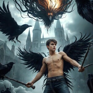 Explore AI-generated House Ravenclaw art — handsome shirtless wizards from the raven house of Hogwarts summoning massive protective ravens. Fantasy wizard school digital art.