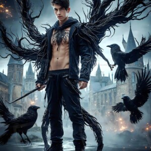 Explore AI-generated House Ravenclaw art — handsome shirtless wizards from the raven house of Hogwarts summoning massive protective ravens. Fantasy wizard school digital art.