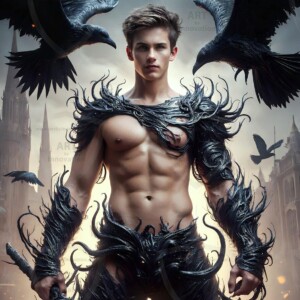 Explore AI-generated House Ravenclaw art — handsome shirtless wizards from the raven house of Hogwarts summoning massive protective ravens. Fantasy wizard school digital art.
