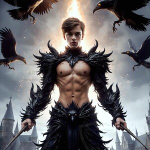 Explore AI-generated House Ravenclaw art — handsome shirtless wizards from the raven house of Hogwarts summoning massive protective ravens. Fantasy wizard school digital art.