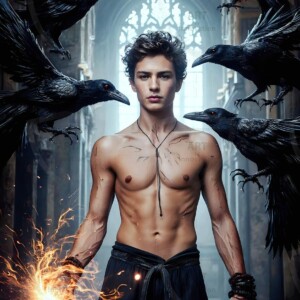 Explore AI-generated House Ravenclaw art — handsome shirtless wizards from the raven house of Hogwarts summoning massive protective ravens. Fantasy wizard school digital art.