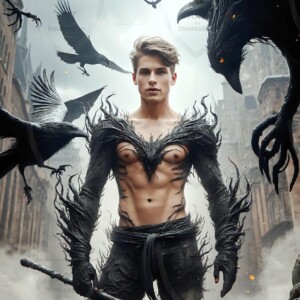 Explore AI-generated House Ravenclaw art — handsome shirtless wizards from the raven house of Hogwarts summoning massive protective ravens. Fantasy wizard school digital art.