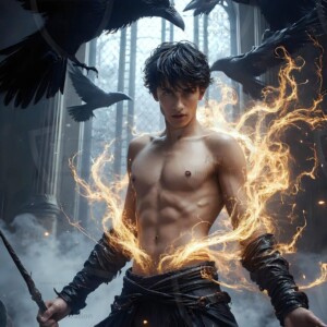 Explore AI-generated House Ravenclaw art — handsome shirtless wizards from the raven house of Hogwarts summoning massive protective ravens. Fantasy wizard school digital art.