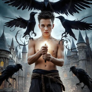 Explore AI-generated House Ravenclaw art — handsome shirtless wizards from the raven house of Hogwarts summoning massive protective ravens. Fantasy wizard school digital art.