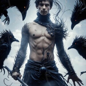 Explore AI-generated House Ravenclaw art — handsome shirtless wizards from the raven house of Hogwarts summoning massive protective ravens. Fantasy wizard school digital art.