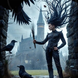 Explore AI-generated House Ravenclaw art — handsome shirtless wizards from the raven house of Hogwarts summoning massive protective ravens. Fantasy wizard school digital art.