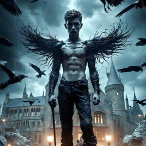 Explore AI-generated House Ravenclaw art — handsome shirtless wizards from the raven house of Hogwarts summoning massive protective ravens. Fantasy wizard school digital art.