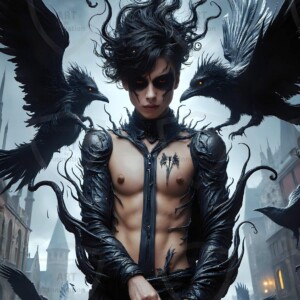 Explore AI-generated House Ravenclaw art — handsome shirtless wizards from the raven house of Hogwarts summoning massive protective ravens. Fantasy wizard school digital art.