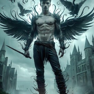 Explore AI-generated House Ravenclaw art — handsome shirtless wizards from the raven house of Hogwarts summoning massive protective ravens. Fantasy wizard school digital art.