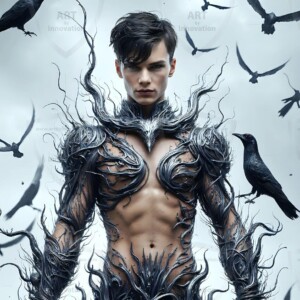 Explore AI-generated House Ravenclaw art — handsome shirtless wizards from the raven house of Hogwarts summoning massive protective ravens. Fantasy wizard school digital art.