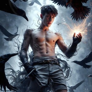 Explore AI-generated House Ravenclaw art — handsome shirtless wizards from the raven house of Hogwarts summoning massive protective ravens. Fantasy wizard school digital art.