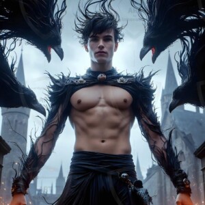 Explore AI-generated House Ravenclaw art — handsome shirtless wizards from the raven house of Hogwarts summoning massive protective ravens. Fantasy wizard school digital art.