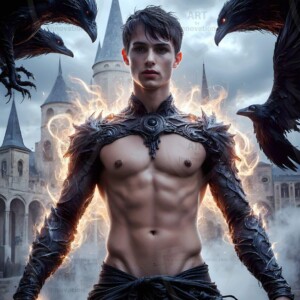 Explore AI-generated House Ravenclaw art — handsome shirtless wizards from the raven house of Hogwarts summoning massive protective ravens. Fantasy wizard school digital art.