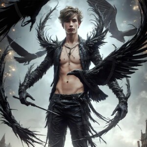 Explore AI-generated House Ravenclaw art — handsome shirtless wizards from the raven house of Hogwarts summoning massive protective ravens. Fantasy wizard school digital art.