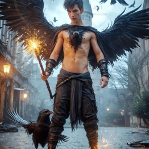 Explore AI-generated House Ravenclaw art — handsome shirtless wizards from the raven house of Hogwarts summoning massive protective ravens. Fantasy wizard school digital art.